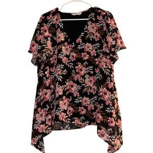 Estelle Black Pink Floral Clip‎ Dot Handkerchief Hem Blouse Top 2X 18W ET112301